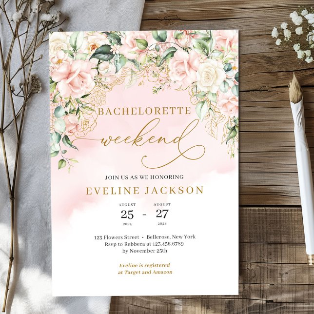 Convites Bachelorette fluorescente de ouro floral de modern (Elegant blush pink roses eucalyptus gold sparkles bachelorette weekend invitation template)