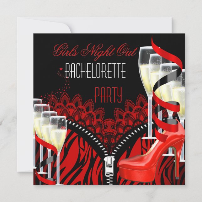Convites Bachelorette Girls Night Out Red Zebra Champagne (Frente)
