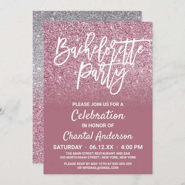 Convites Bachelorette Glitter Ombre de plástico rosa (Frente/Verso)