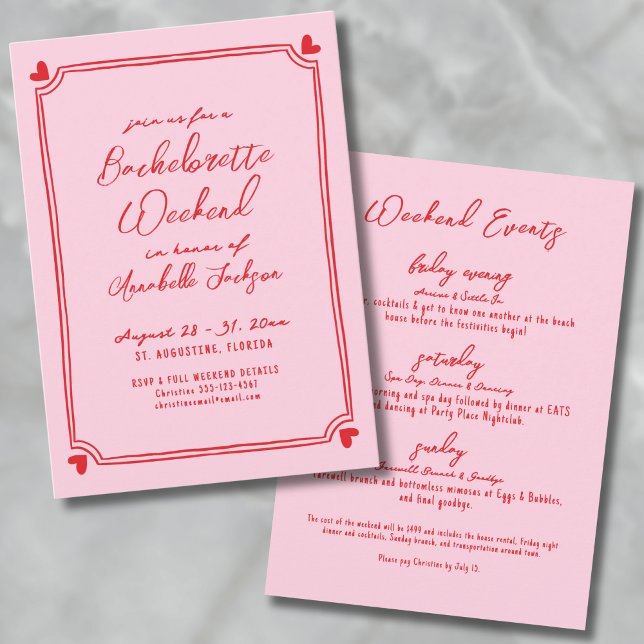 Convites Bachelorette Itinerária De Fim De Semana De Menina (Pink And Red Girls Weekend Itinerary Bachelorette Invitation)