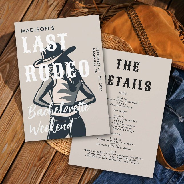 Convites Bachelorette Itinerária do Último Rodeio em Tinta (last rodeo bachelorette weekend invitation itinerary retro vintage elegant glam black and white art)