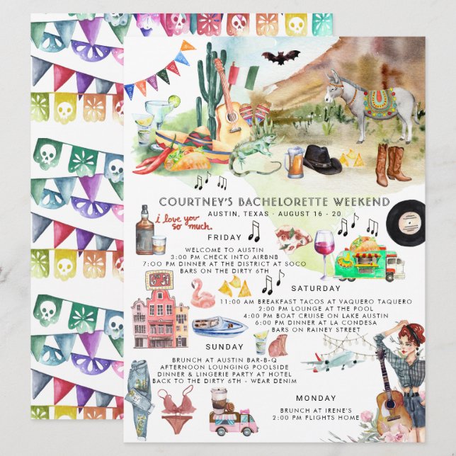 Convites Bachelorette Itinerary | Austin, Texas Fiesta (Frente/Verso)