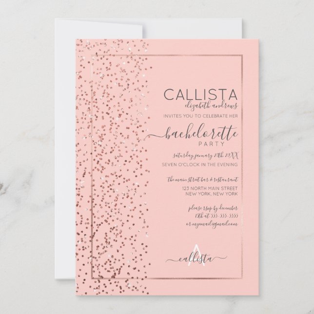 Convites Bachelorette Lado de Confetti Rosa Rosa Rosa Doura (Frente)
