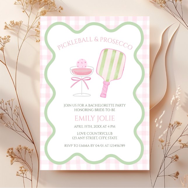 Convites Bachelorette Moderna de Pickleball e Prosecco (Pickleball & Prosecco Bachelorette Party Invitation)