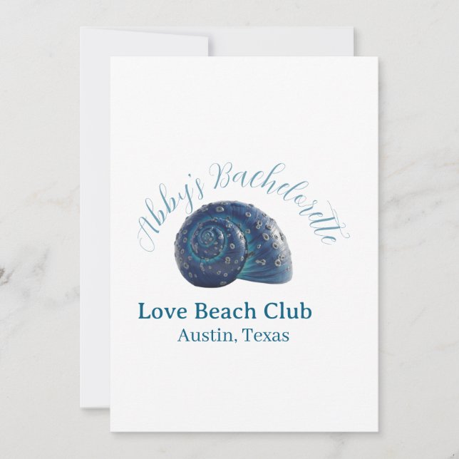 Convites Bachelorette party beach club blue sea shell name  (Frente)