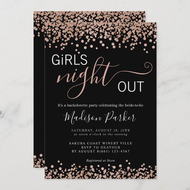 Convites Bachelorette Preta Dourada Elegante Rosa (Frente/Verso)