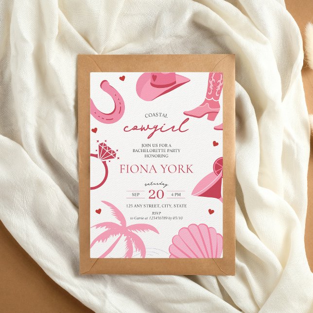 Convites Bachelorette Rosa e Vermelha (Coastal Cowgirl Bachelorette Party Invitation)