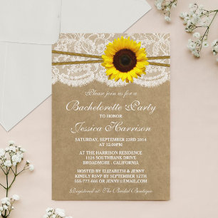 Convites Bachelorette Rustic Sunflower Kraft, Lace & Twine