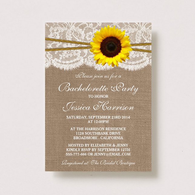 Convites Bachelorette Rustic Sunflower, Lace & Twine (Criador carregado)