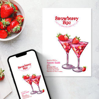 Convites Bachelorette Strawberry Sips Cocktail Partido Rosa