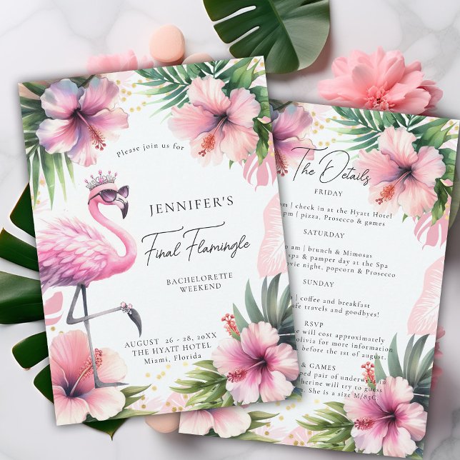 Convites Bachelorette Tropical Rosa Brilhante Itinerário (final flamingle bachelorette party invitation itinerary pink flamingo tropical floral watercolor )