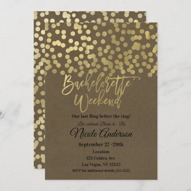 Convites Bachelorette Weekend Dourado Moderno Rustic Kraft (Frente/Verso)