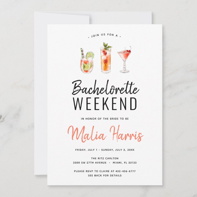 Convites Bachelorette Weekend Itinerário Bebidas Cocktail (Frente)