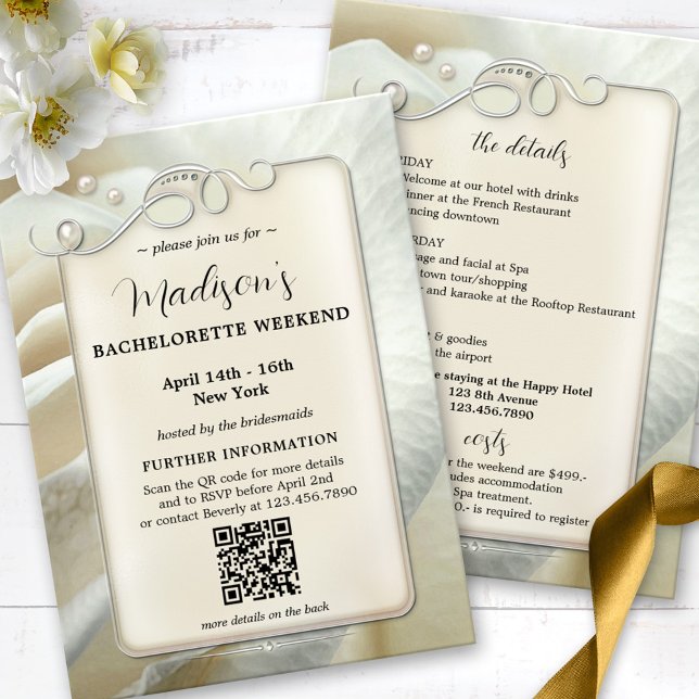 Convites Bachelorette Weekend Itinerário Código QR Modelo (Bachelorette weekend getaway invitation QR  program template with pearls and silver on an ivory rose)