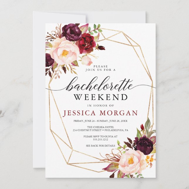 Convites Bachelorette Weekend Itinerário Rustic Burgundy (Frente)