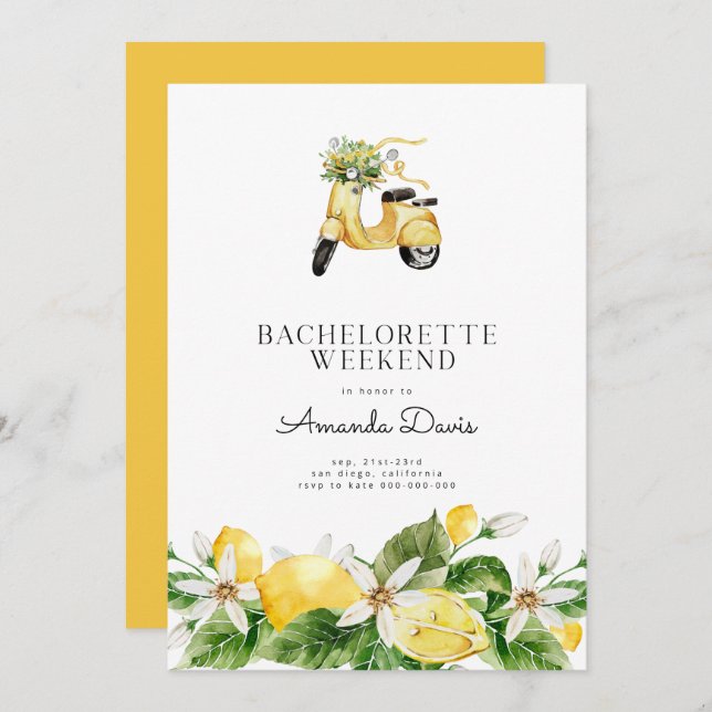 Convites Bachelorette Weekend Lemon Mediterranean Yellow (Frente/Verso)