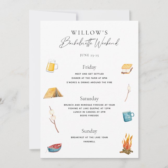 Convites Bachelorette Weekend no Woods Itinerary (Frente)