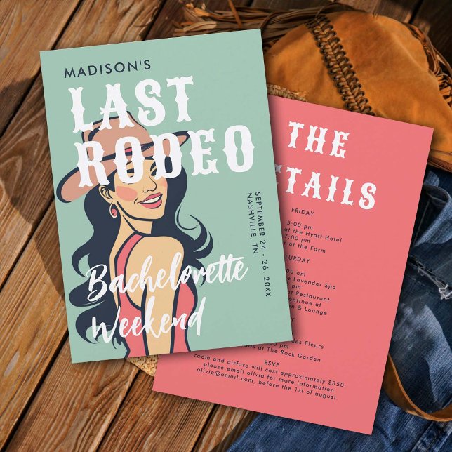 Convites Bachelorreia Cor-de-Obra do Último Glama Rodeio (last rodeo bachelorette weekend invitation itinerary retro vintage elegant glam cowgirl pink black )