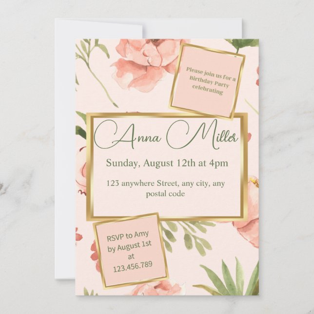 Convites Bacia de Aniversário do Blushing Blooms (Frente)