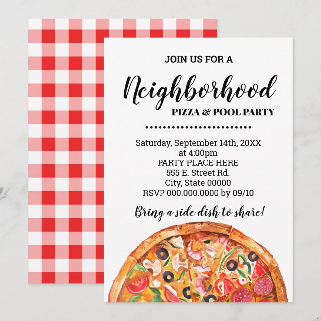 Convites Bacia do bairro Pizza e Piscina de Verão (Frente/Verso)