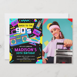 Convites Back to the 90s Modern Retro Neon Photo Birthday