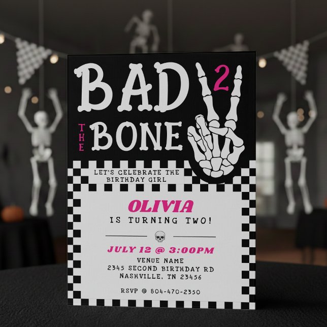 Convites Bad 2 the Bone Skeleton Pink 2nd Birthday Party (Bad 2 the Bone Skeleton Pink 2nd Birthday Party Invitation
)