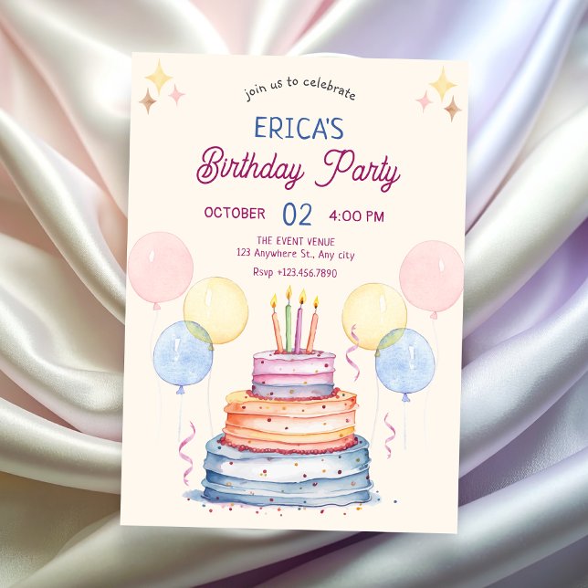 Convites Bagaço de aniversário de pastel de água (Criador carregado)