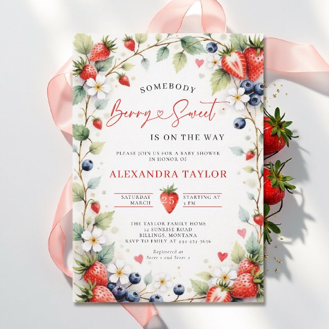 Convites Bagas Botânicas Doces Jardim Festa de Bebê (berry sweet baby shower invitation fruit theme strawberry berries watercolor spring summer garden)