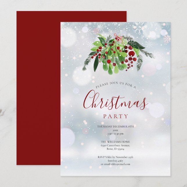 Convites Bagas Vermelhas de Natal Flocos de Neve Festa de F (Frente/Verso)