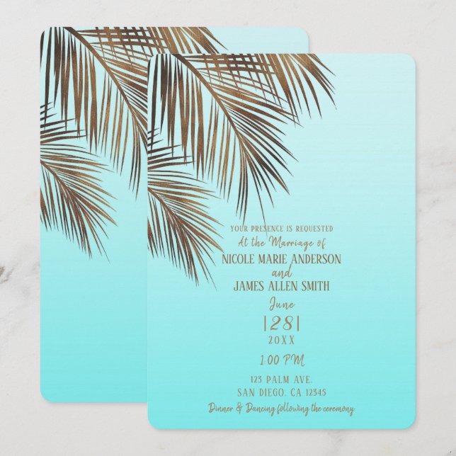 Convites Bahama Breeze Copper Palm Aqua Mar Azul Casamento (Frente/Verso)