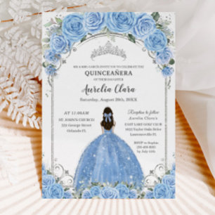 Convites Bahama Sky Blue Vestido Floral Silver Quinceañera