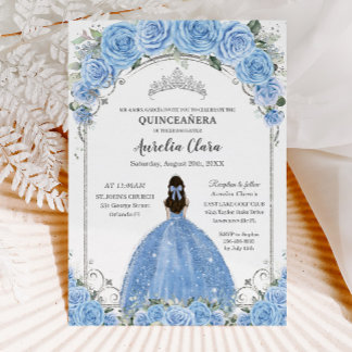 Convites Bahama Sky Blue Vestido Floral Silver Quinceañera