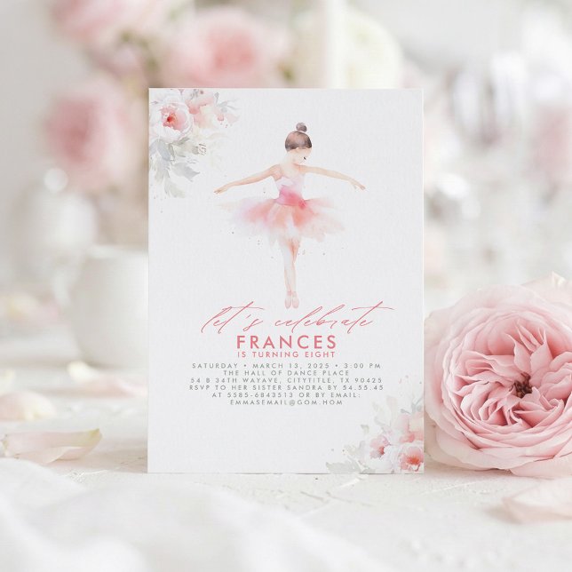 Convites Bailarina Balle Clássico Floral Aniversário Rosa F (Dreamy Elegant Pink Dress Ballerina Birthday Invitation)