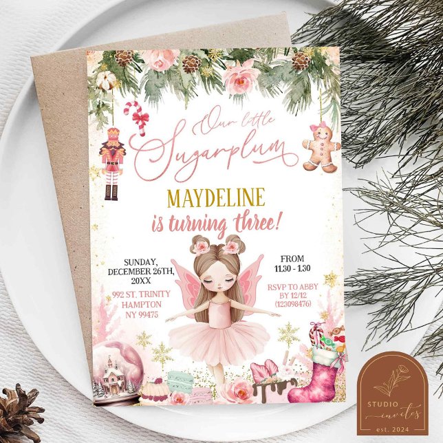 Convites Bailarina de Açúcar Rosa Menina de Aniversário de  (Criador carregado)