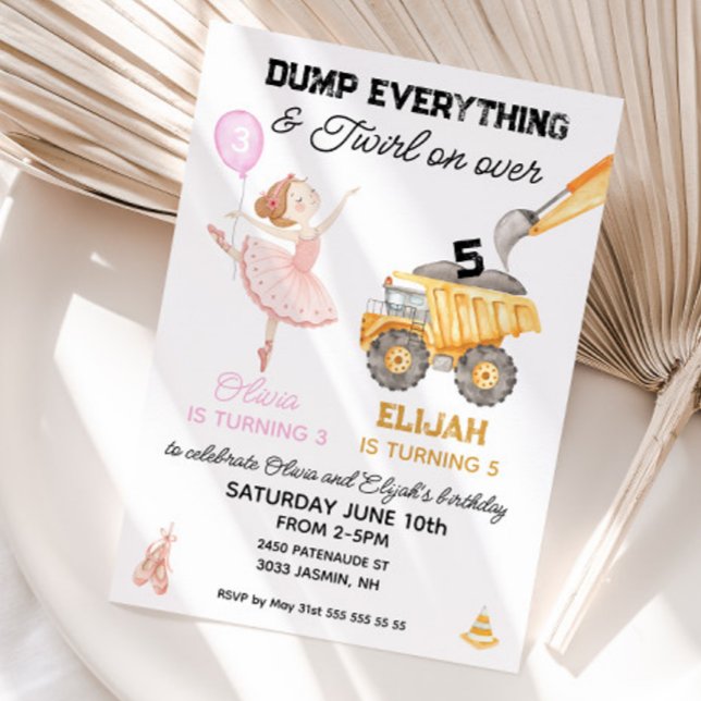 Convites Bailarina de Aniversário Conjunto e festa de Const (Joint birthday invitation ballerina and construction)
