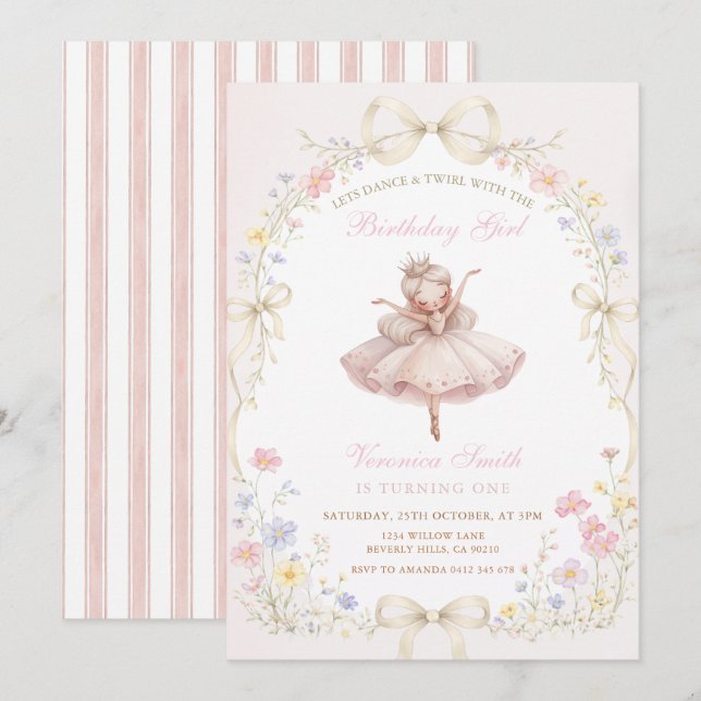 Convites Bailarina de Marfim Rosa com Aniversário de Flor S (Frente/Verso)