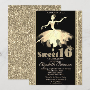 Convites Bailarina Elegante Brilho Dourado Sweet 16