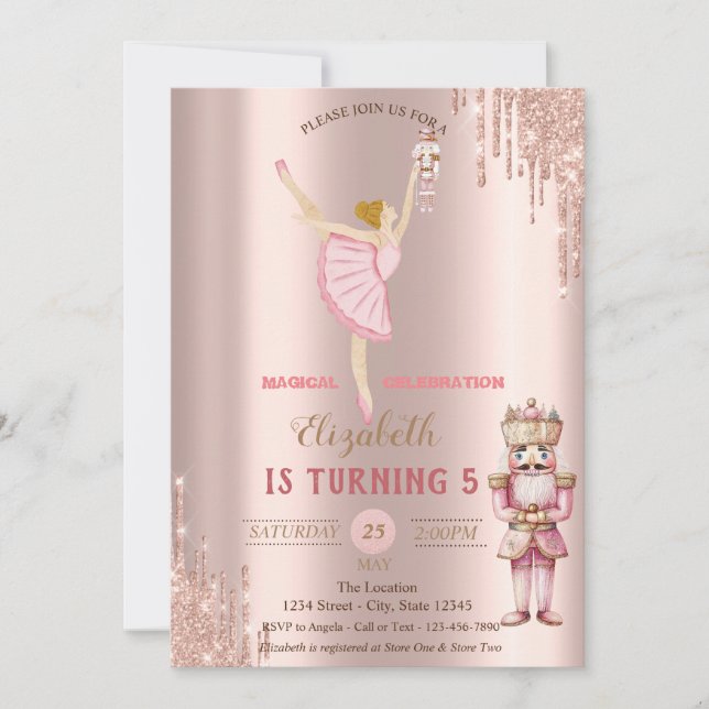 Convites Bailarina Elegante Nutcracker com Pingos em Dourad (Frente)