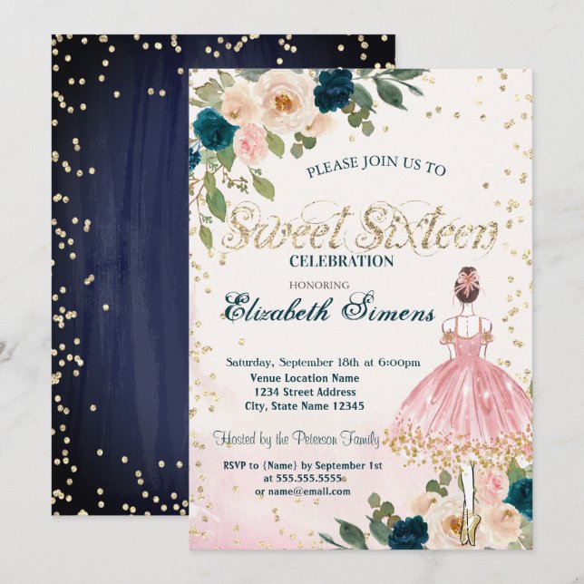 Convites Bailarina Flores Diamantes Azul Marinho Sweet 16  (Frente/Verso)