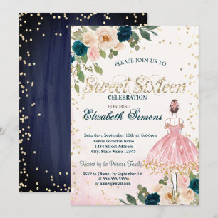 Convites Bailarina Flores Diamantes Azul Marinho Sweet 16