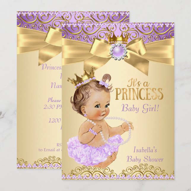 Convites Bailarina Princesa Bebê Chuveiro Lilás Dourado Mor (Frente/Verso)