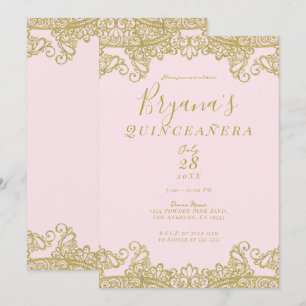 Convites Bailarina Rosa Dourado Lantejoulas Renda Quinceañe
