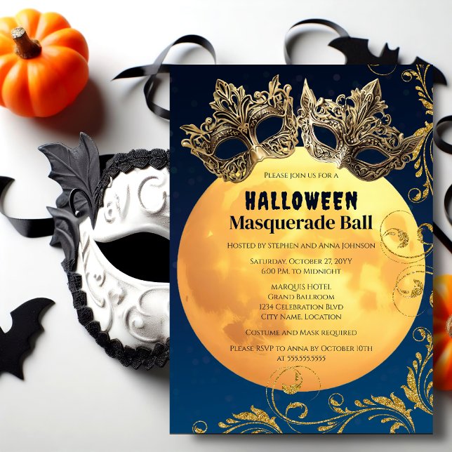 Convites Baile de Máscaras da Lua Cheia de Halloween (Halloween full moon masquerade ball invitation front.)