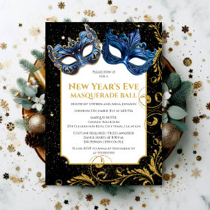 Convites Baile de Máscaras de Ano Novo Dourado Azul