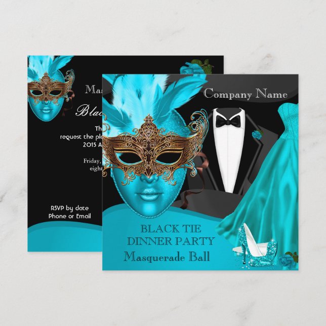 Convites Baile de Máscaras Formal Azul-Celeste Gravata Pret (Frente/Verso)