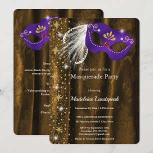 Convites Baile de Máscaras Roxo e Dourado Real Gala Damask
