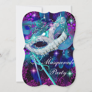 Convites Baile de Máscaras Verde-azulado e Roxo