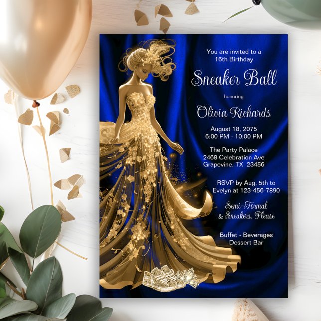 Convites Baile de Tênis Azul Real Dourado Elegante (Elegant royal blue gold sneaker ball invitation. All text, font and wording can be changed.)