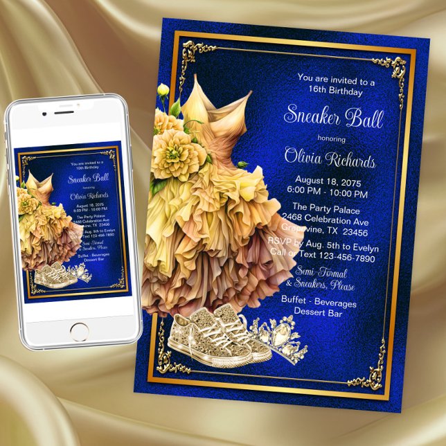 Convites Baile de Tênis Azul Royal Dourado (Royal blue gold sneaker ball invitation. Instant download and printed invitations available.)