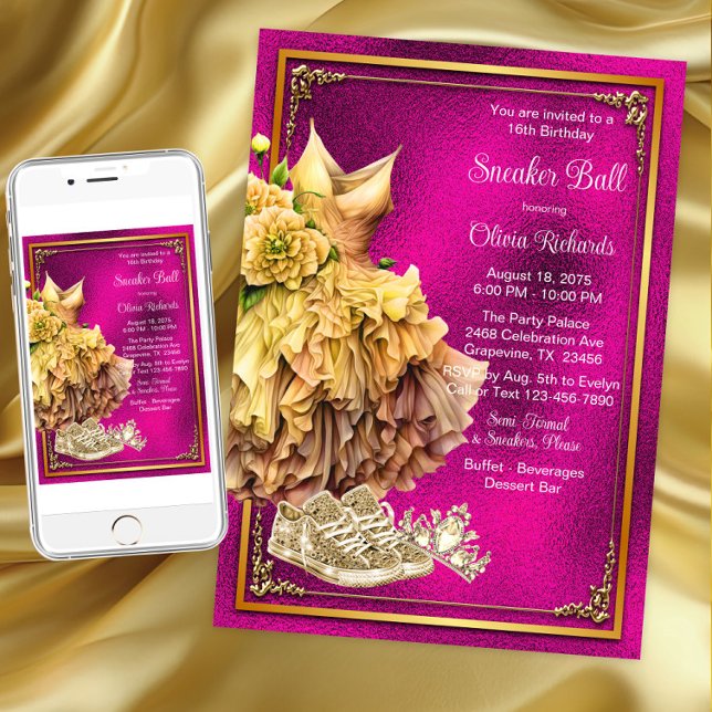 Convites Baile de Tênis Dourado Rosa Quente (Hot pink gold sneaker ball invitation. Instant download and printed invitations available.)